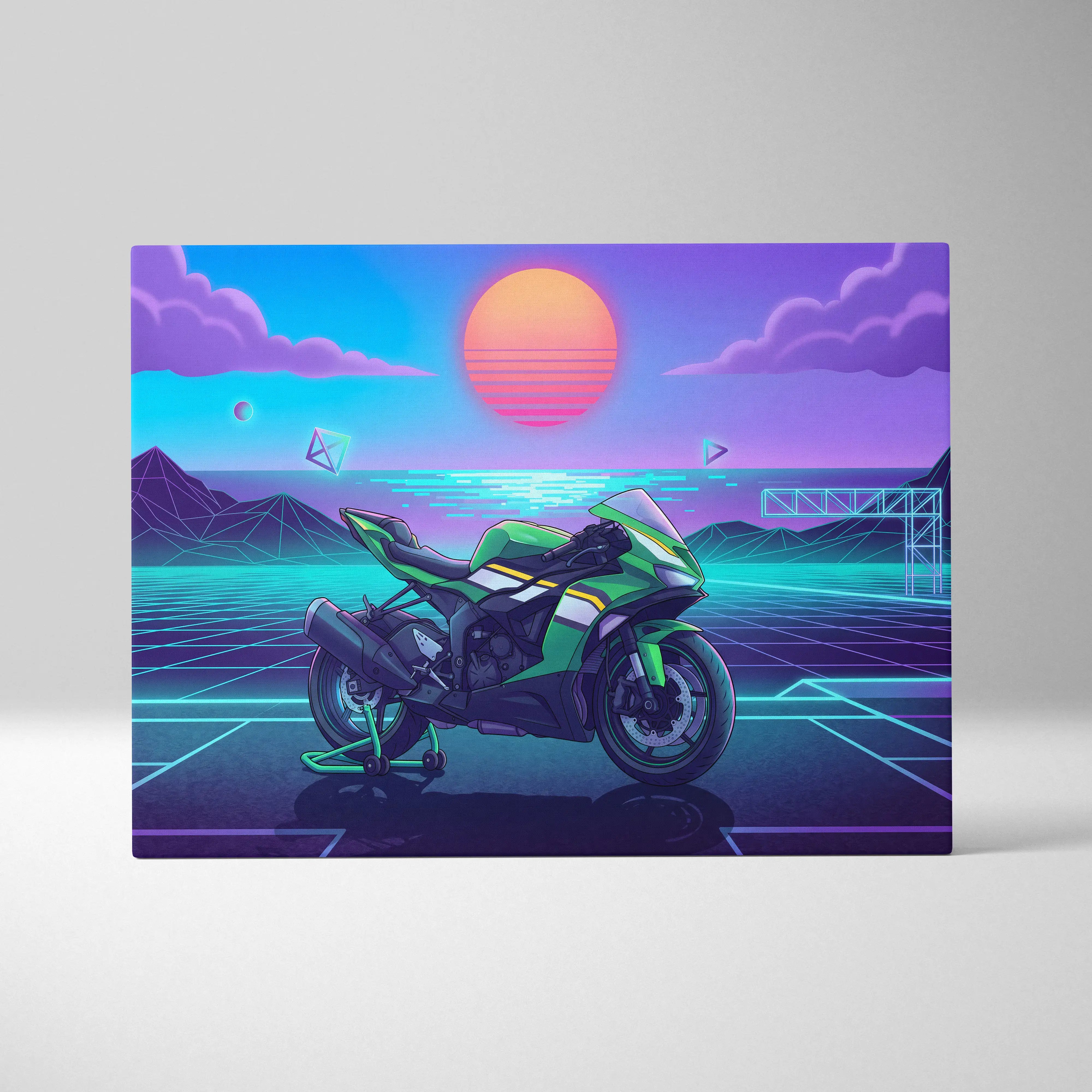Kawasaki Ninja ZX-6R Inspired Green Purple Motorcycle Canvas Wall Art Vaporwave Neon Sunset Sportbike Artwork for Garage Decor Retro Futuristic Print