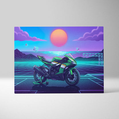 Kawasaki Ninja ZX-6R Inspired Green Purple Motorcycle Canvas Wall Art Vaporwave Neon Sunset Sportbike Artwork for Garage Decor Retro Futuristic Print