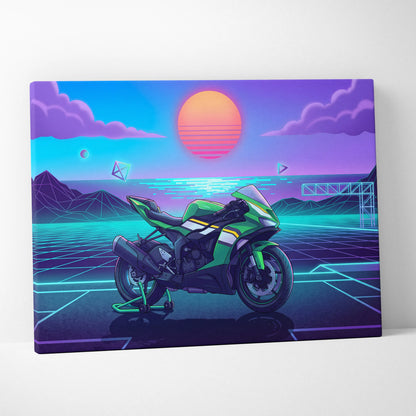 Kawasaki Ninja ZX-6R Inspired Green Purple Motorcycle Canvas Wall Art Vaporwave Neon Sunset Sportbike Artwork for Garage Decor Retro Futuristic Print