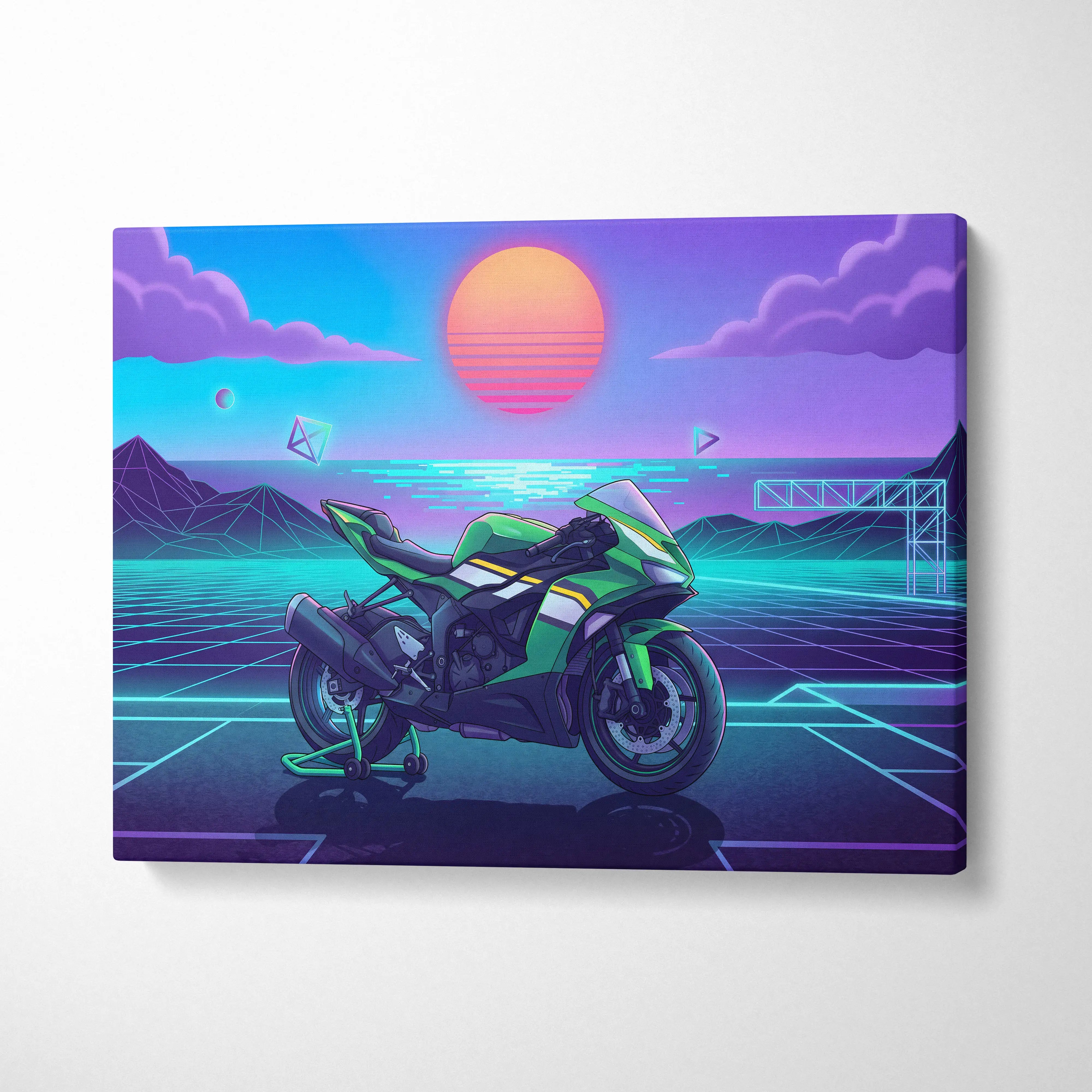 Kawasaki Ninja ZX-6R Inspired Green Purple Motorcycle Canvas Wall Art Vaporwave Neon Sunset Sportbike Artwork for Garage Decor Retro Futuristic Print