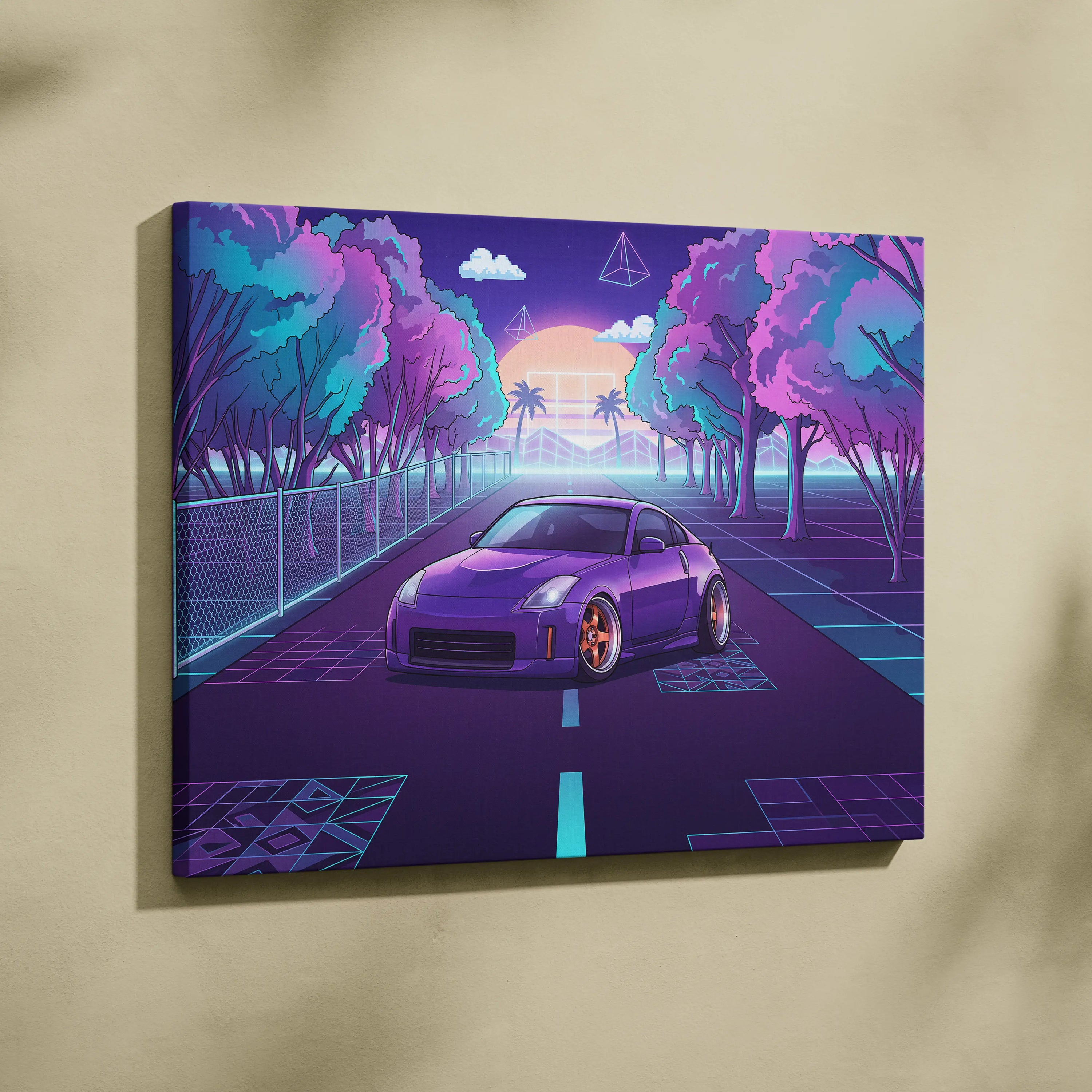 Nissan 350Z Inspired Purple Teal Canvas Wall Art, Neon Vaporwave JDM Sports Car Artwork for Retro Tree-Lined Garage Decor