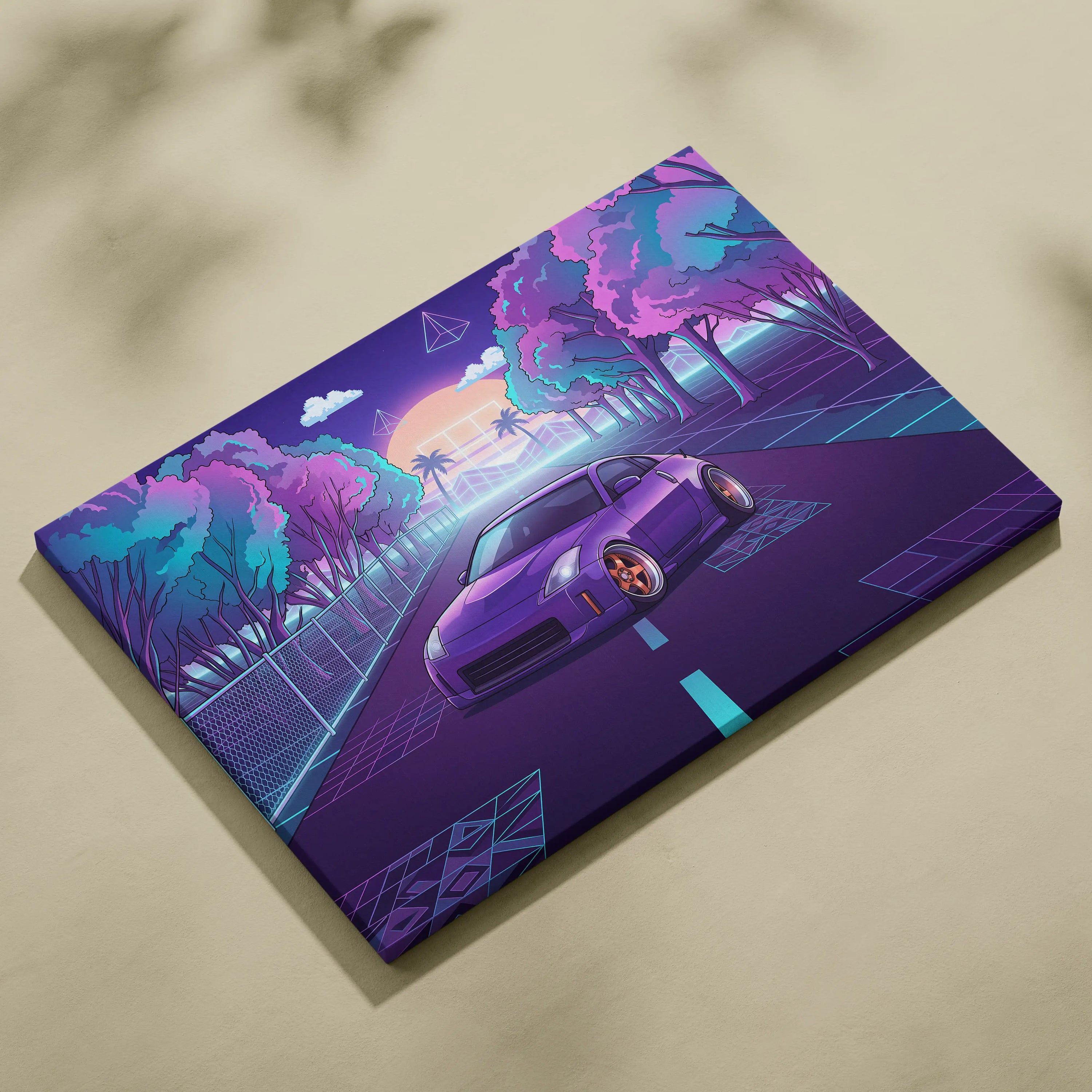 Nissan 350Z Inspired Purple Teal Canvas Wall Art, Neon Vaporwave JDM Sports Car Artwork for Retro Tree-Lined Garage Decor