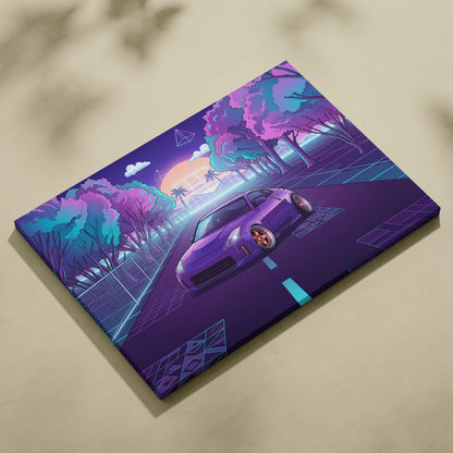 Nissan 350Z Inspired Purple Teal Canvas Wall Art, Neon Vaporwave JDM Sports Car Artwork for Retro Tree-Lined Garage Decor