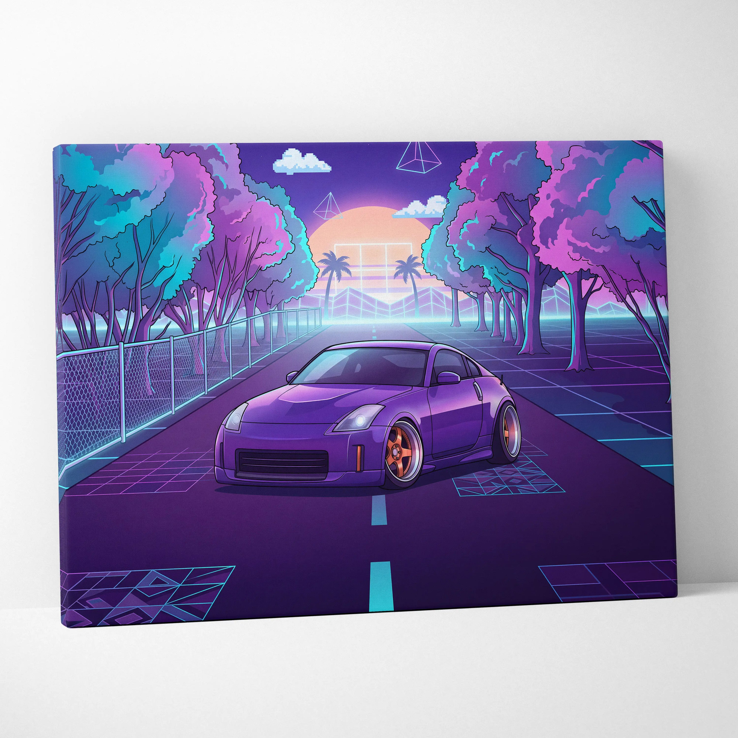 Nissan 350Z Inspired Purple Teal Canvas Wall Art, Neon Vaporwave JDM Sports Car Artwork for Retro Tree-Lined Garage Decor