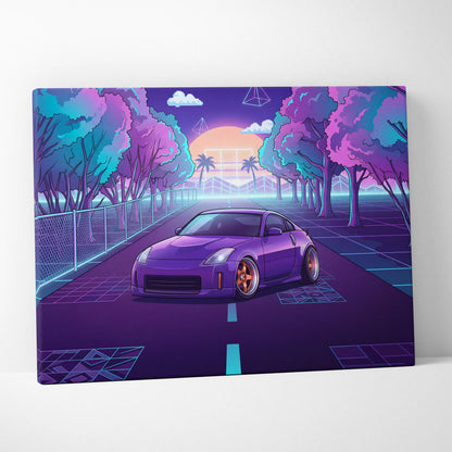 Nissan 350Z Inspired Purple Teal Canvas Wall Art, Neon Vaporwave JDM Sports Car Artwork for Retro Tree-Lined Garage Decor