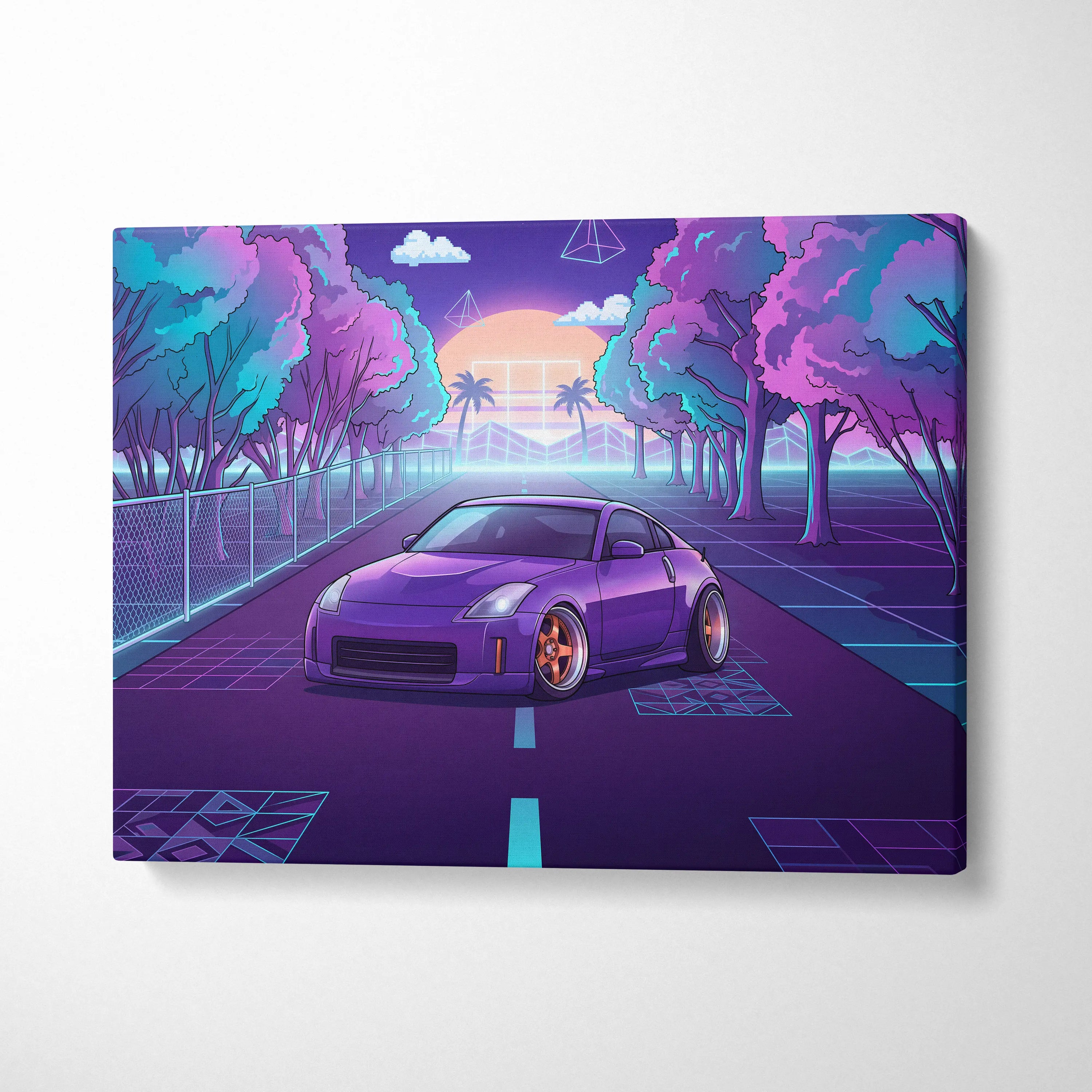 Nissan 350Z Inspired Purple Teal Canvas Wall Art, Neon Vaporwave JDM Sports Car Artwork for Retro Tree-Lined Garage Decor