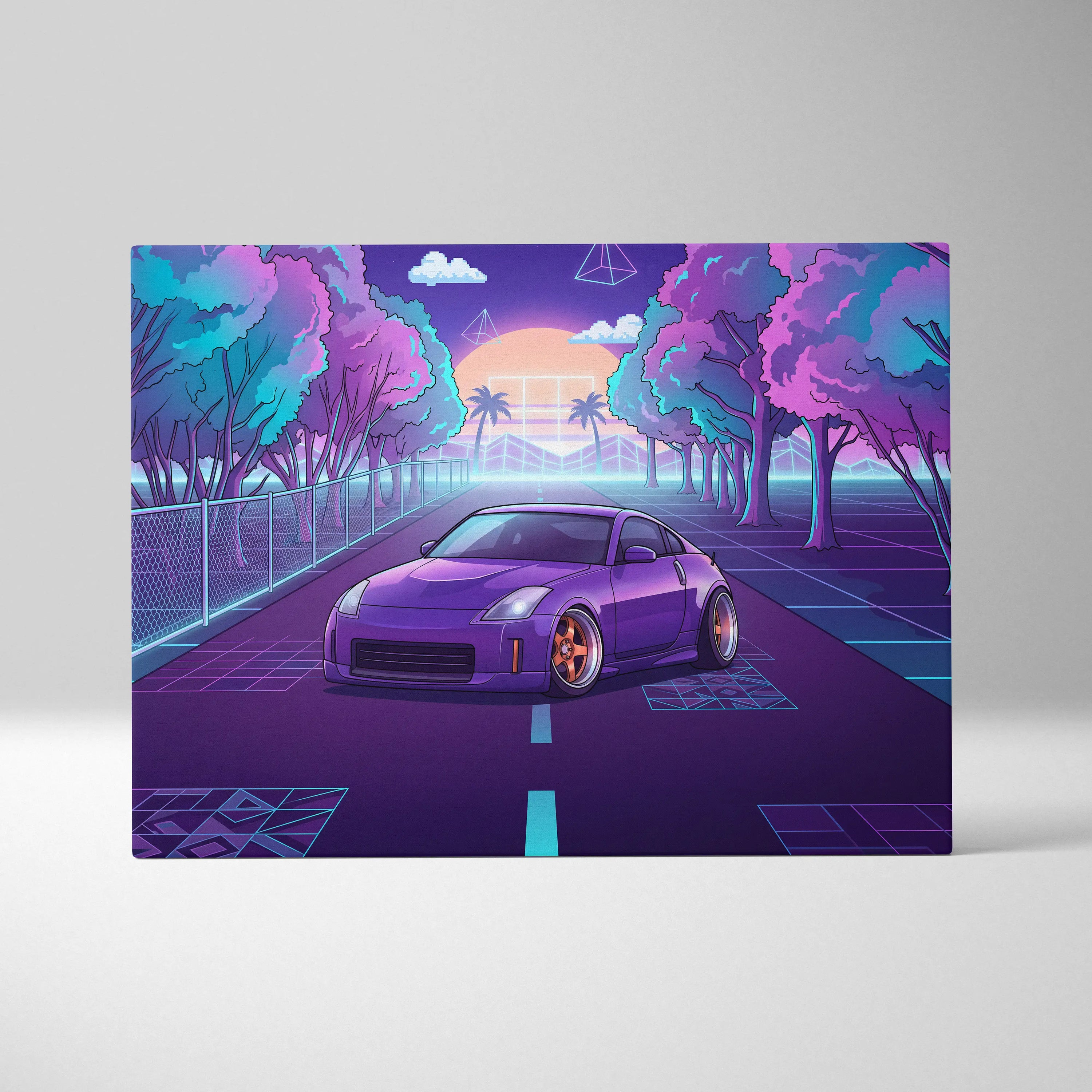 Nissan 350Z Inspired Purple Teal Canvas Wall Art, Neon Vaporwave JDM Sports Car Artwork for Retro Tree-Lined Garage Decor