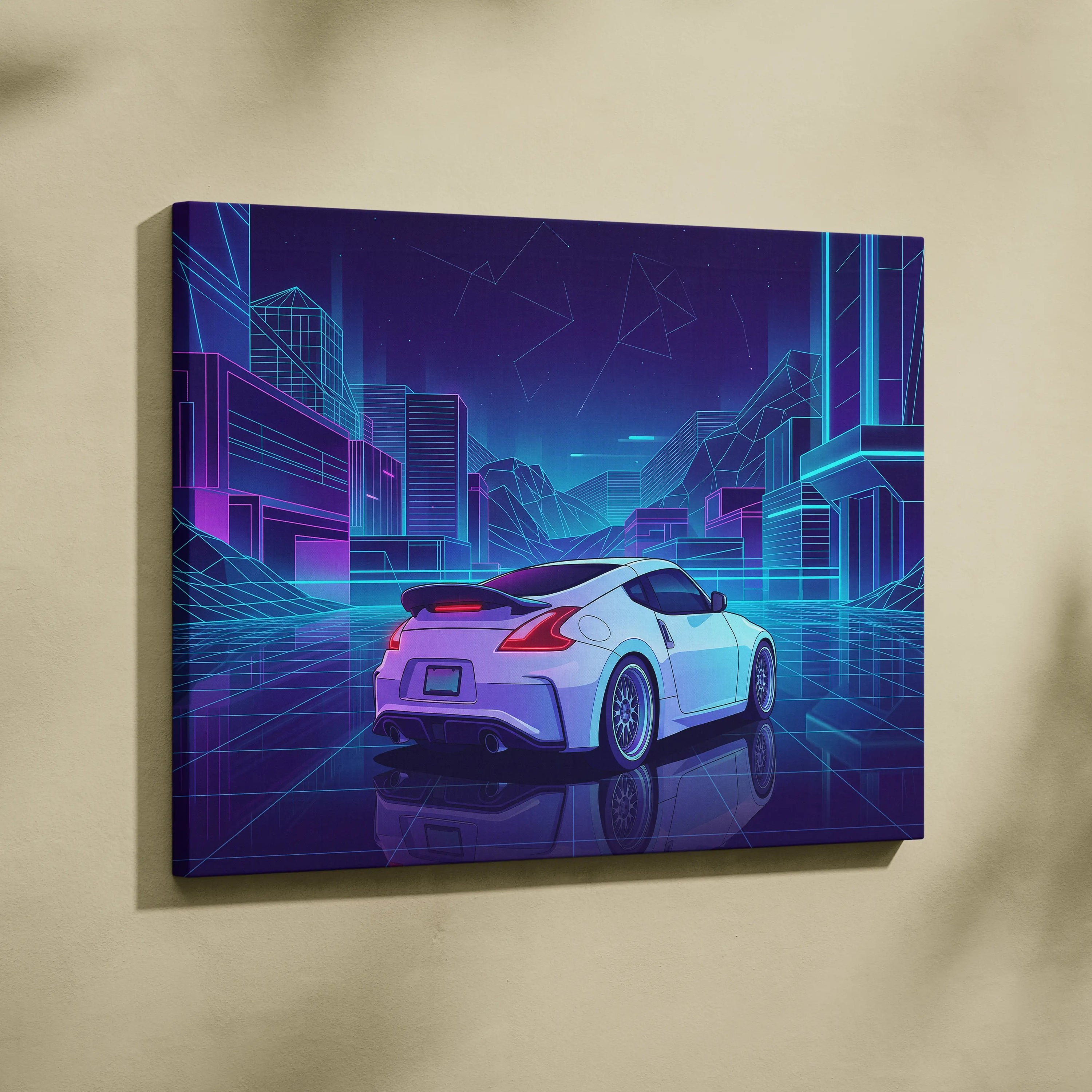 Nissan 370Z Inspired White Purple Canvas Wall Art, Neon Vaporwave JDM Sports Car Artwork for Futuristic Garage Decor