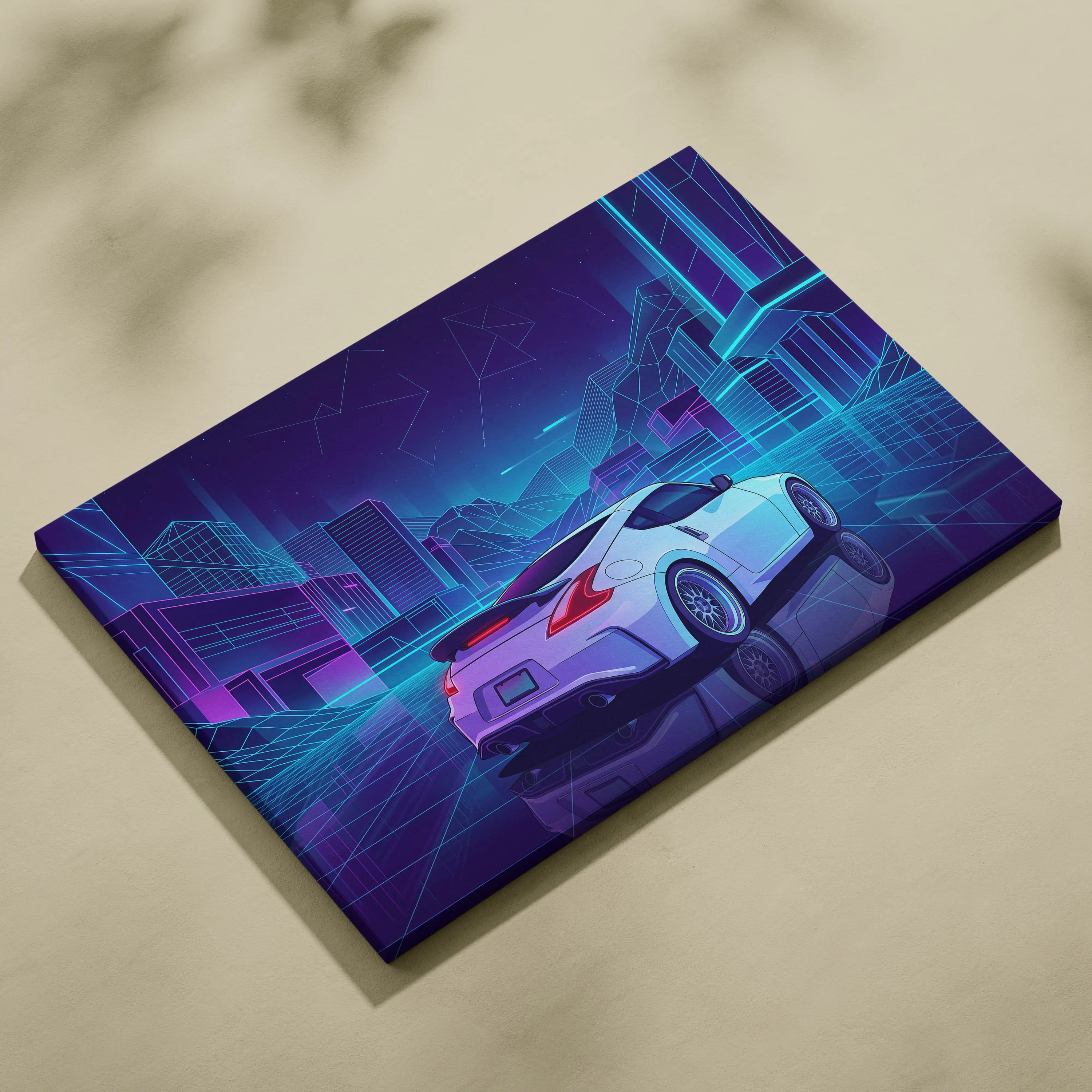 Nissan 370Z Inspired White Purple Canvas Wall Art, Neon Vaporwave JDM Sports Car Artwork for Futuristic Garage Decor