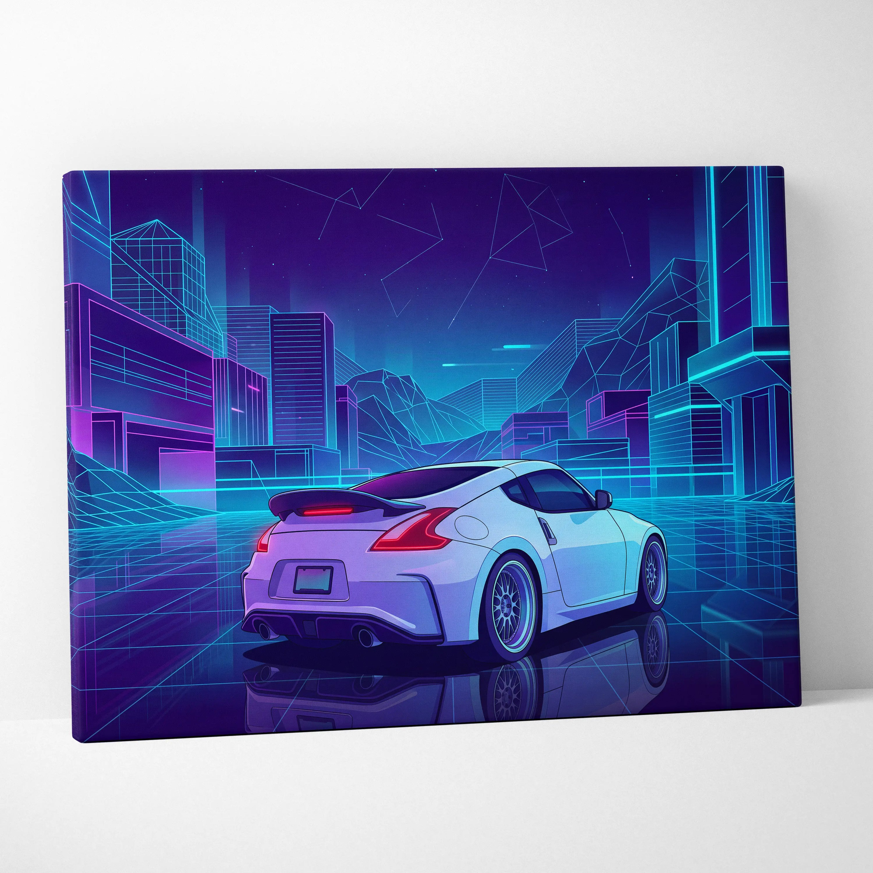 Nissan 370Z Inspired White Purple Canvas Wall Art, Neon Vaporwave JDM Sports Car Artwork for Futuristic Garage Decor