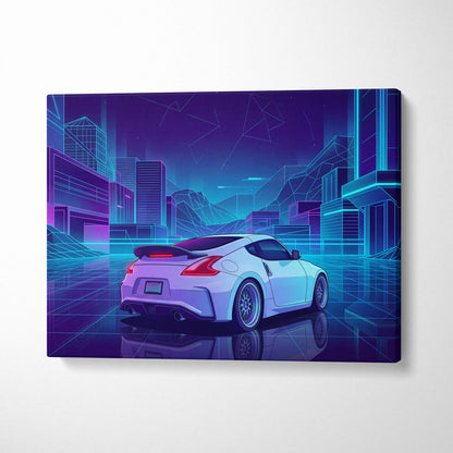 Nissan 370Z Inspired White Purple Canvas Wall Art, Neon Vaporwave JDM Sports Car Artwork for Futuristic Garage Decor
