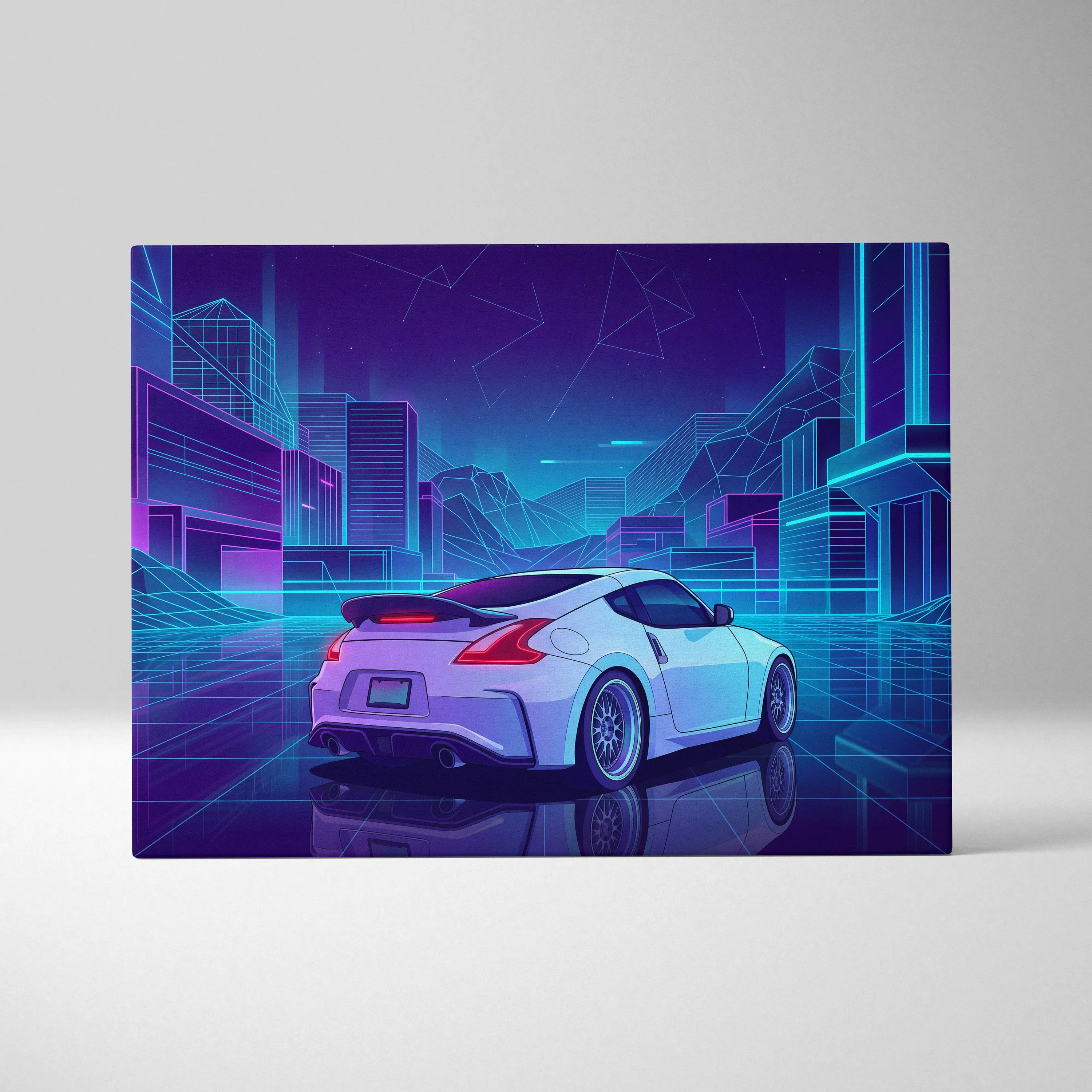 Nissan 370Z Inspired White Purple Canvas Wall Art, Neon Vaporwave JDM Sports Car Artwork for Futuristic Garage Decor