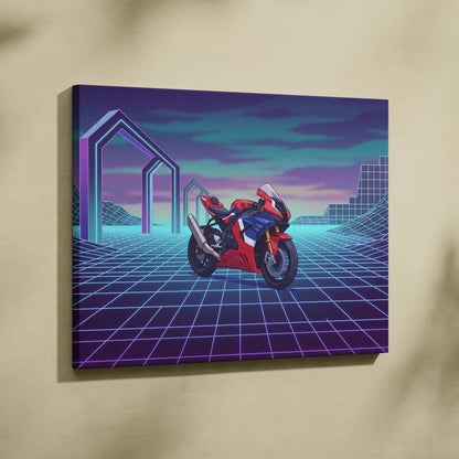Honda CBR1000RR-R Fireblade Inspired Red Blue Vaporwave Motorcycle Canvas Wall Art Neon Grid Sportbike Artwork Retro Futuristic Garage Decor