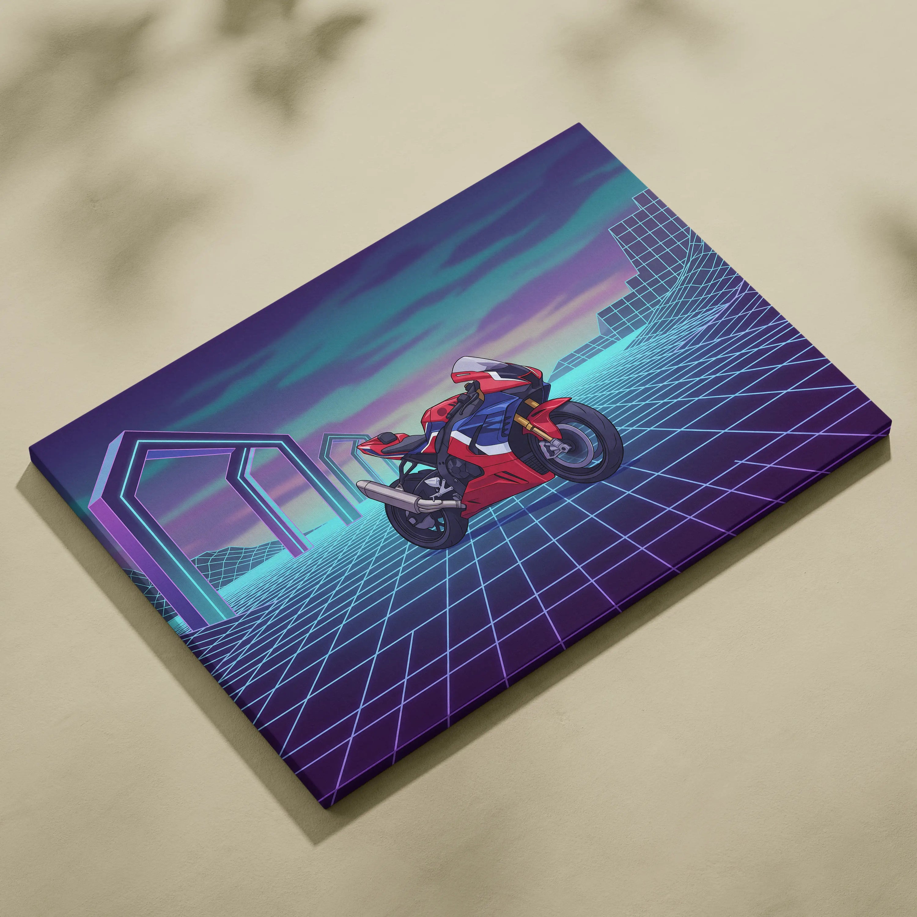 Honda CBR1000RR-R Fireblade Inspired Red Blue Vaporwave Motorcycle Canvas Wall Art Neon Grid Sportbike Artwork Retro Futuristic Garage Decor