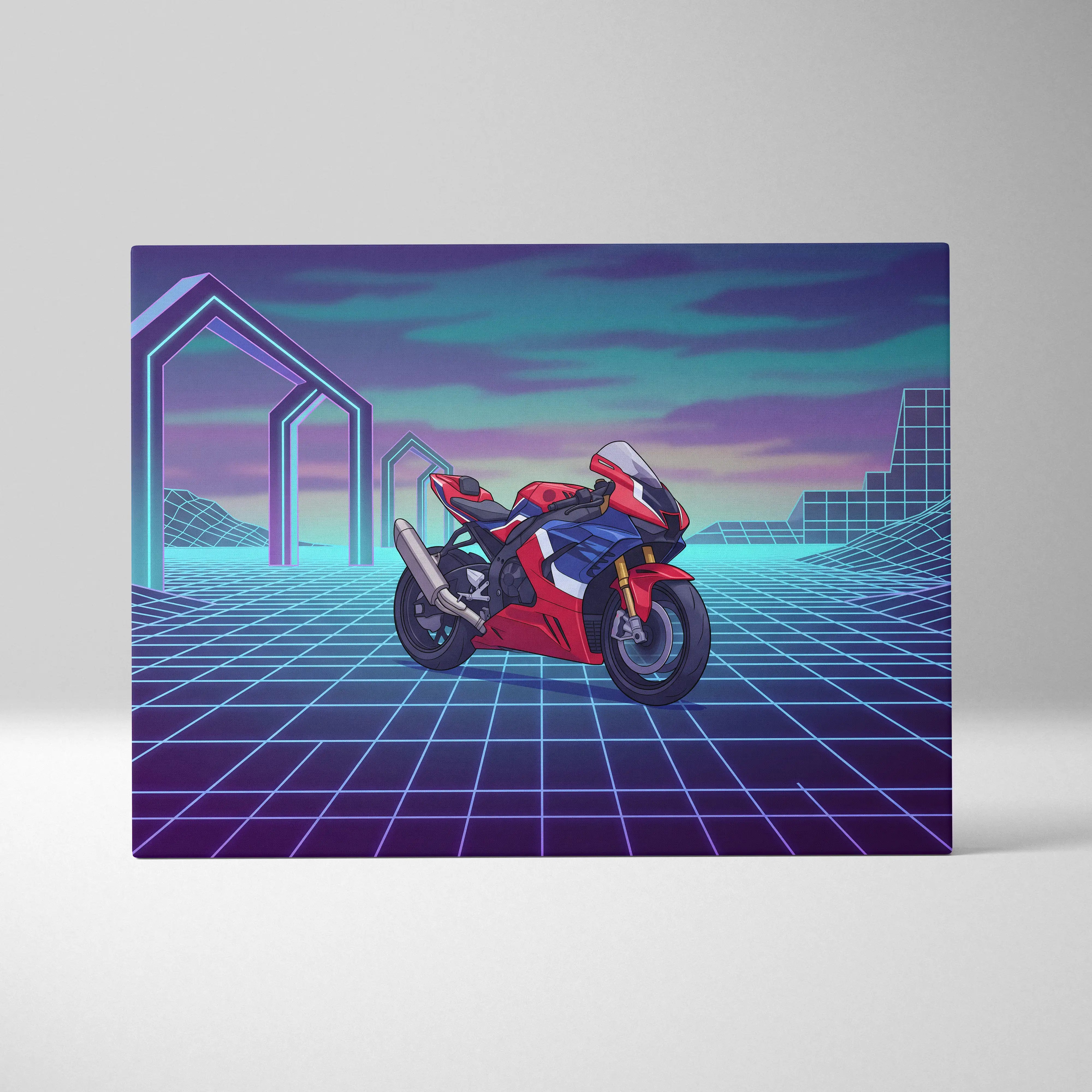 Honda CBR1000RR-R Fireblade Inspired Red Blue Vaporwave Motorcycle Canvas Wall Art Neon Grid Sportbike Artwork Retro Futuristic Garage Decor