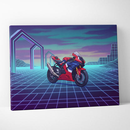 Honda CBR1000RR-R Fireblade Inspired Red Blue Vaporwave Motorcycle Canvas Wall Art Neon Grid Sportbike Artwork Retro Futuristic Garage Decor