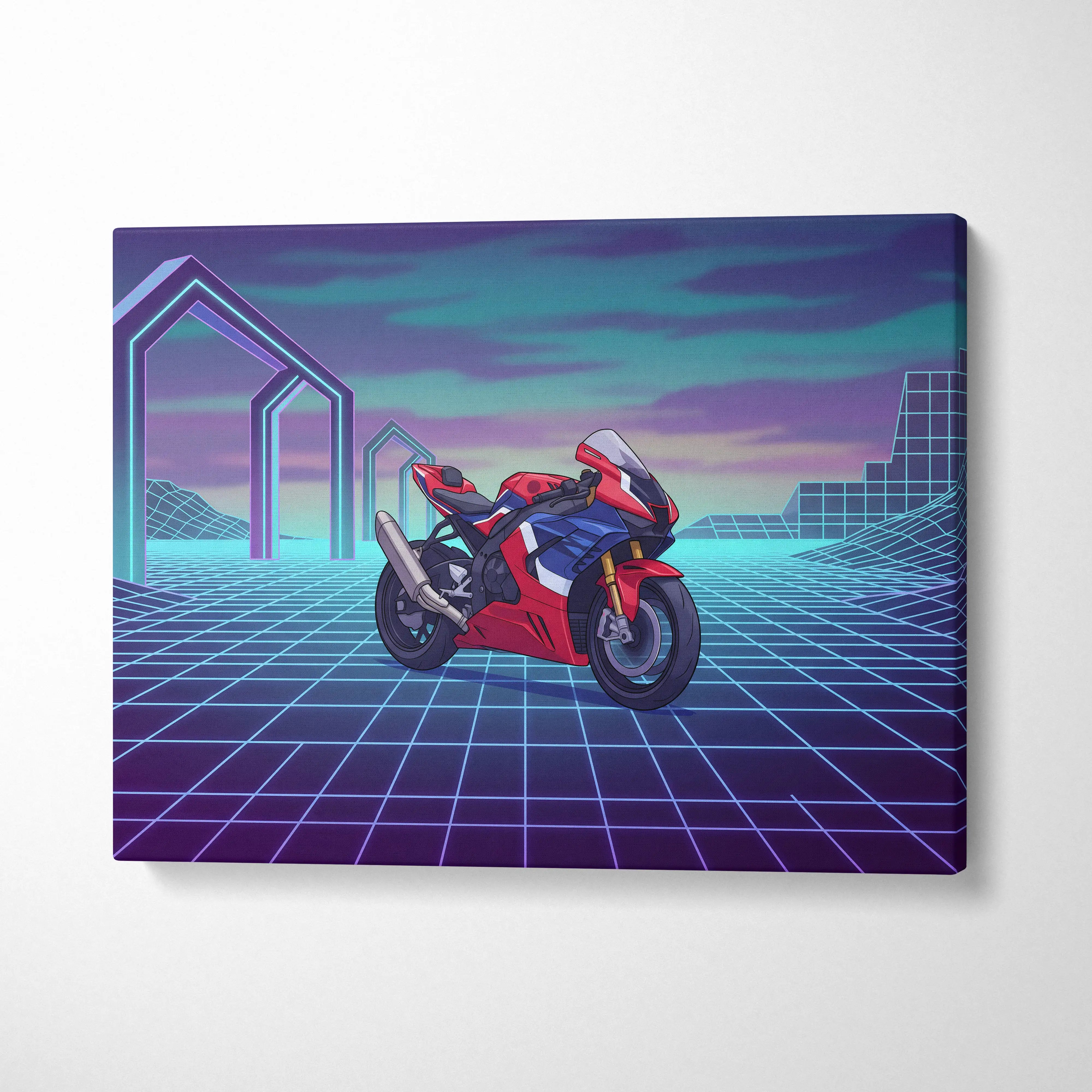 Honda CBR1000RR-R Fireblade Inspired Red Blue Vaporwave Motorcycle Canvas Wall Art Neon Grid Sportbike Artwork Retro Futuristic Garage Decor