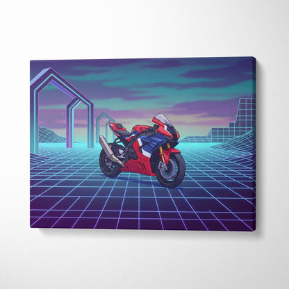 Honda CBR1000RR-R Fireblade Inspired Red Blue Vaporwave Motorcycle Canvas Wall Art Neon Grid Sportbike Artwork Retro Futuristic Garage Decor