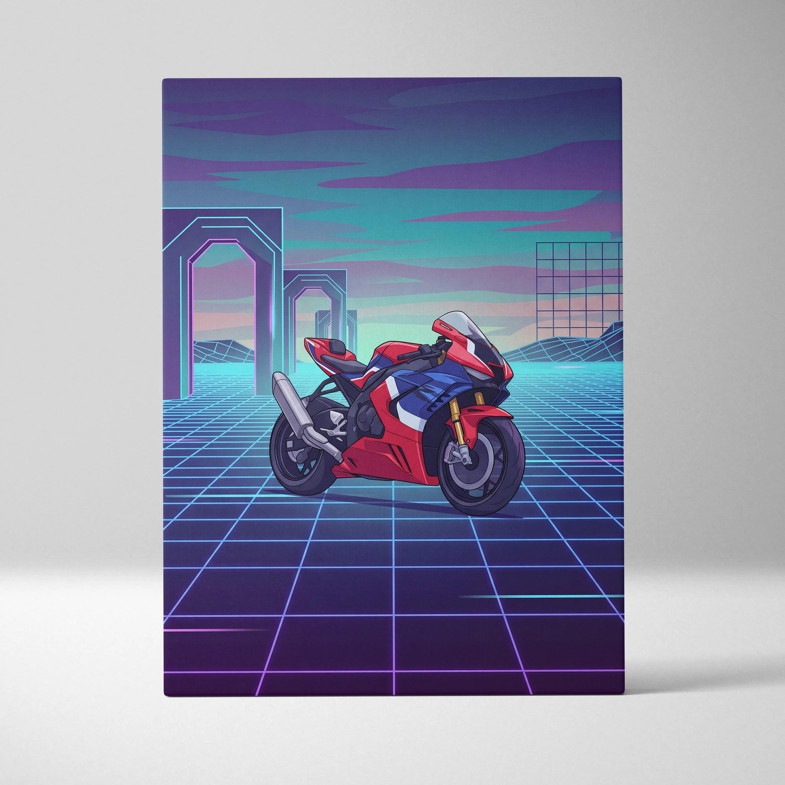 Honda CBR1000RR-R Fireblade Inspired Red Blue Vaporwave Motorcycle Canvas Wall Art Neon Grid Sportbike Artwork Retro Futuristic Garage Decor
