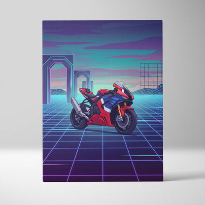 Honda CBR1000RR-R Fireblade Inspired Red Blue Vaporwave Motorcycle Canvas Wall Art Neon Grid Sportbike Artwork Retro Futuristic Garage Decor