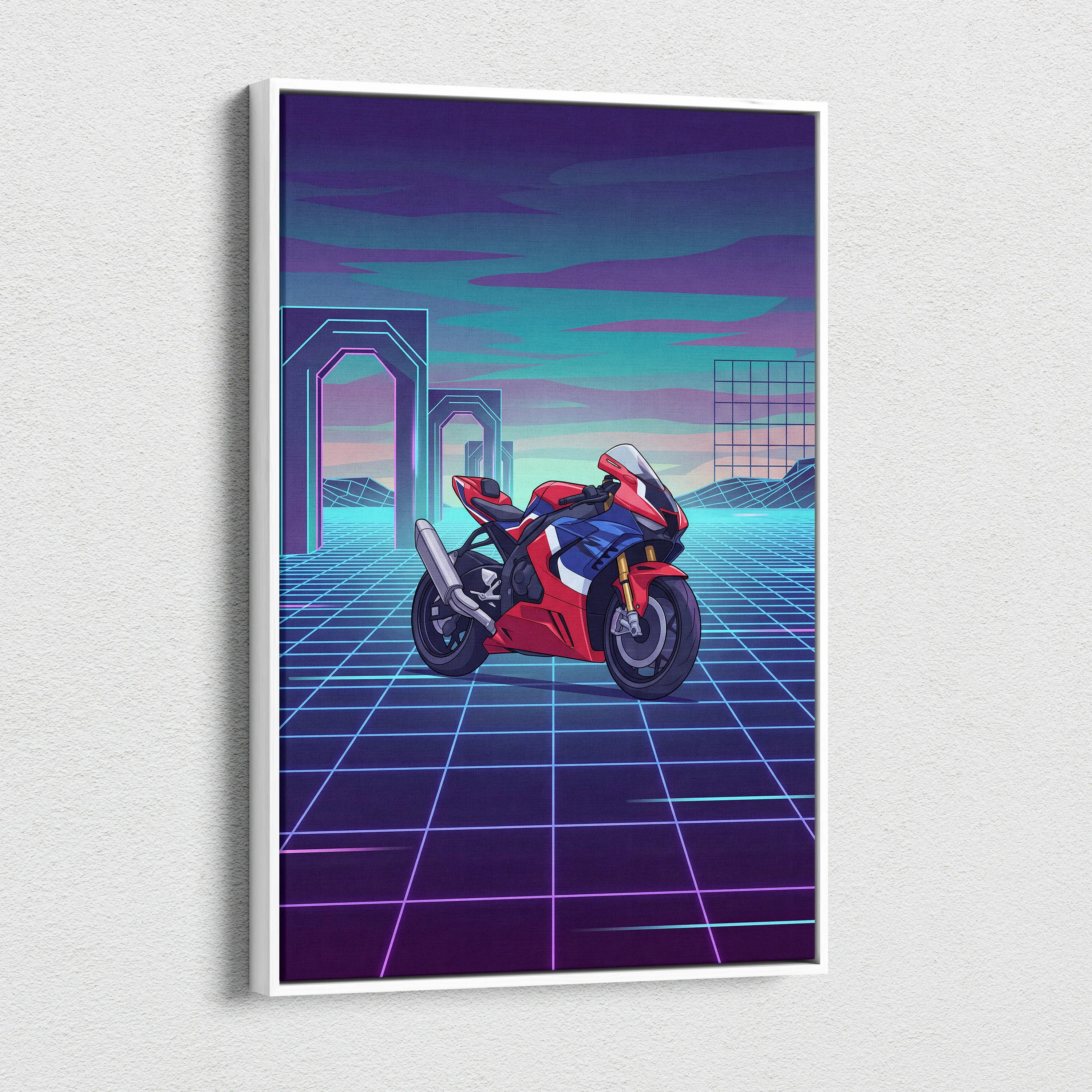 Honda CBR1000RR-R Fireblade Inspired Red Blue Vaporwave Motorcycle Canvas Wall Art Neon Grid Sportbike Artwork Retro Futuristic Garage Decor