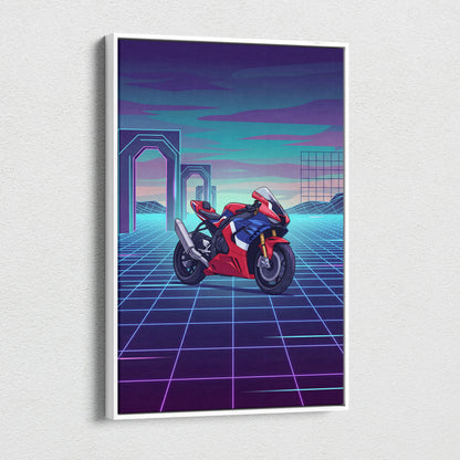 Honda CBR1000RR-R Fireblade Inspired Red Blue Vaporwave Motorcycle Canvas Wall Art Neon Grid Sportbike Artwork Retro Futuristic Garage Decor