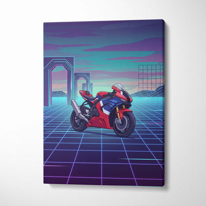 Honda CBR1000RR-R Fireblade Inspired Red Blue Vaporwave Motorcycle Canvas Wall Art Neon Grid Sportbike Artwork Retro Futuristic Garage Decor