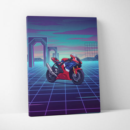 Honda CBR1000RR-R Fireblade Inspired Red Blue Vaporwave Motorcycle Canvas Wall Art Neon Grid Sportbike Artwork Retro Futuristic Garage Decor