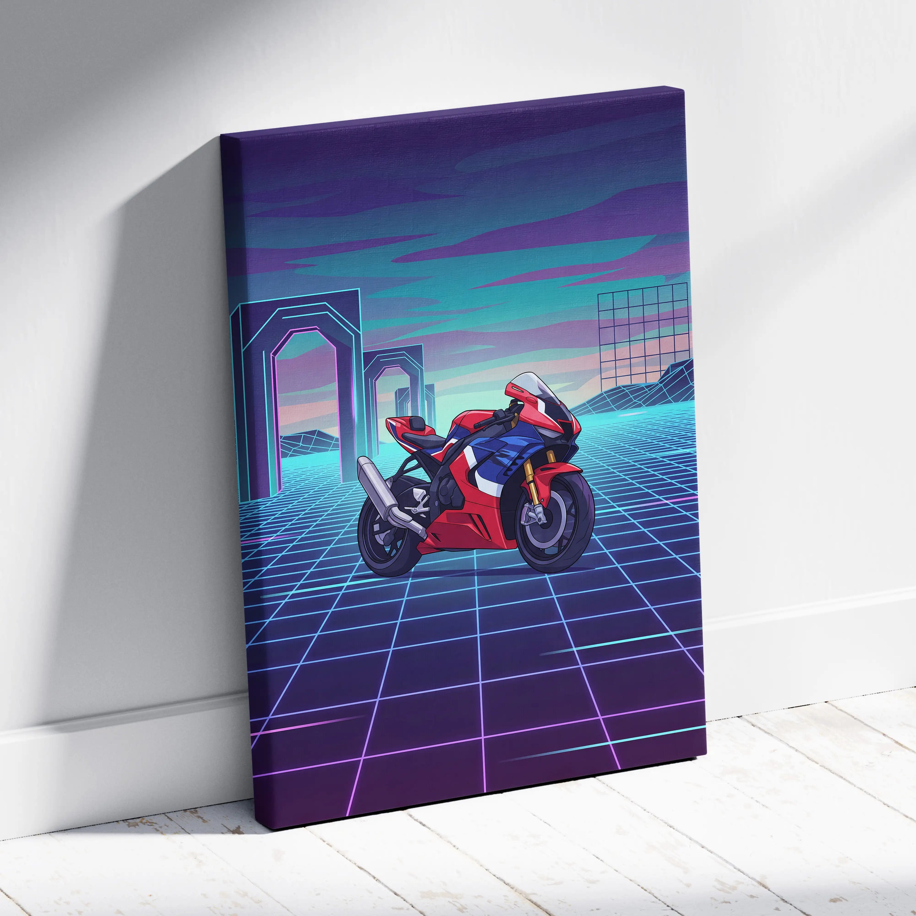 Honda CBR1000RR-R Fireblade Inspired Red Blue Vaporwave Motorcycle Canvas Wall Art Neon Grid Sportbike Artwork Retro Futuristic Garage Decor