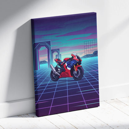 Honda CBR1000RR-R Fireblade Inspired Red Blue Vaporwave Motorcycle Canvas Wall Art Neon Grid Sportbike Artwork Retro Futuristic Garage Decor