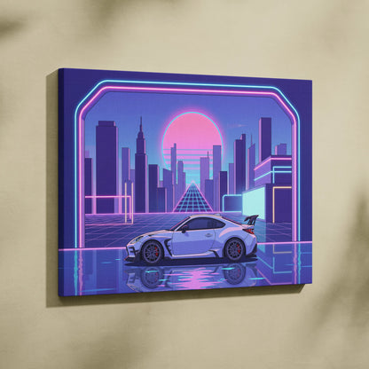 Toyota GR86 Inspired White Purple Canvas Wall Art Vaporwave Sports Car Artwork Neon City Garage Decor Retro Futuristic JDM Print