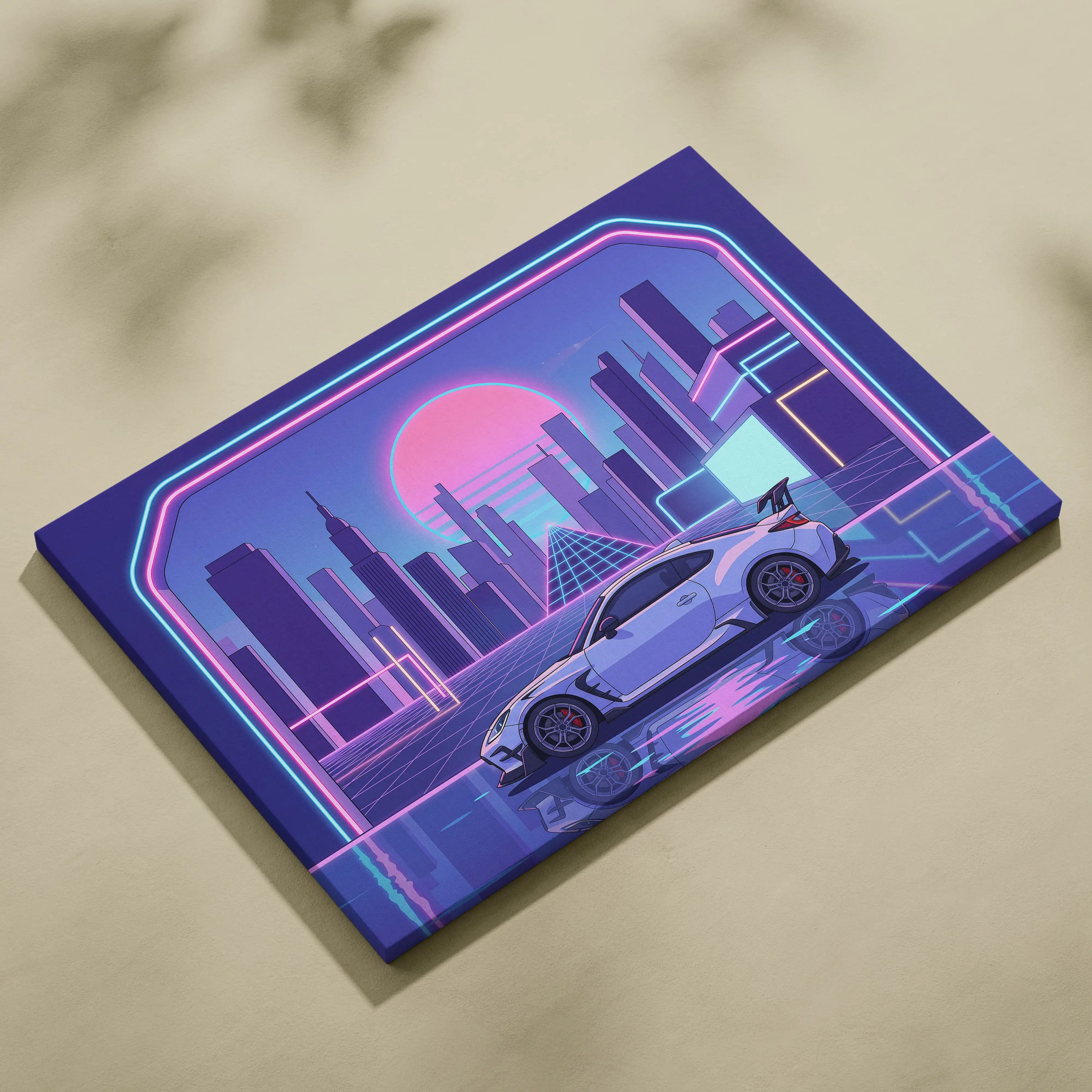 Toyota GR86 Inspired White Purple Canvas Wall Art Vaporwave Sports Car Artwork Neon City Garage Decor Retro Futuristic JDM Print