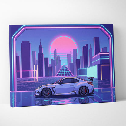 Toyota GR86 Inspired White Purple Canvas Wall Art Vaporwave Sports Car Artwork Neon City Garage Decor Retro Futuristic JDM Print