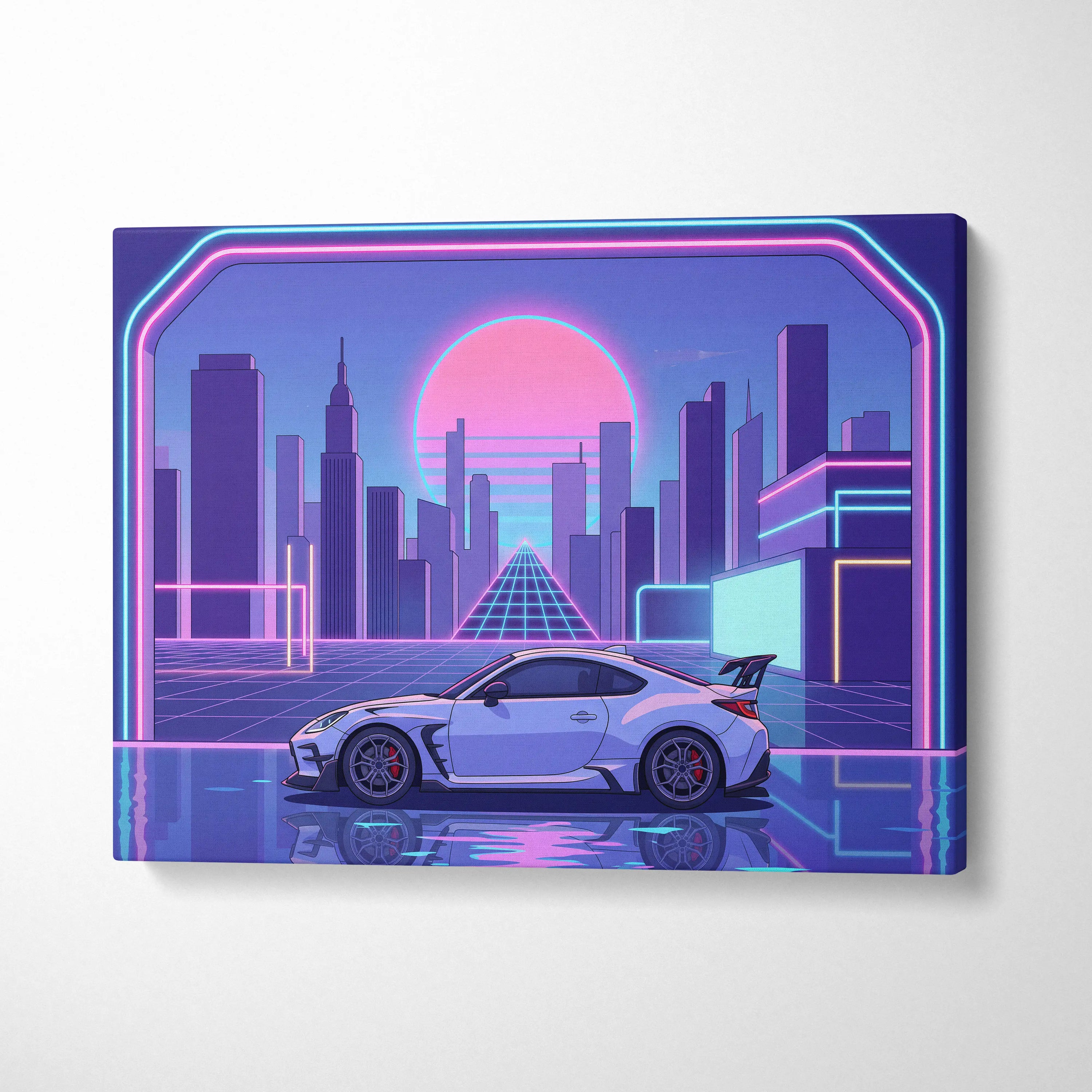 Toyota GR86 Inspired White Purple Canvas Wall Art Vaporwave Sports Car Artwork Neon City Garage Decor Retro Futuristic JDM Print