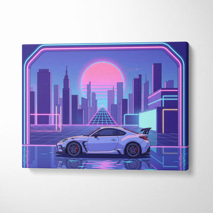 Toyota GR86 Inspired White Purple Canvas Wall Art Vaporwave Sports Car Artwork Neon City Garage Decor Retro Futuristic JDM Print