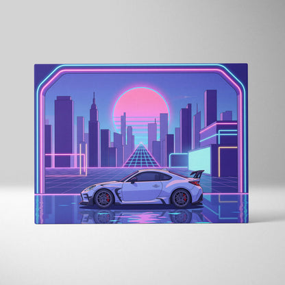 Toyota GR86 Inspired White Purple Canvas Wall Art Vaporwave Sports Car Artwork Neon City Garage Decor Retro Futuristic JDM Print