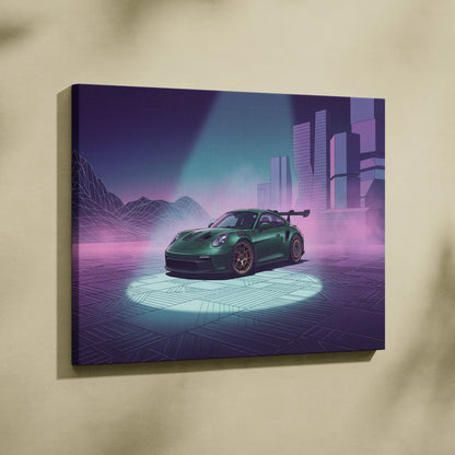 Porsche 911 GT3 RS Inspired Green Purple Canvas Wall Art Vaporwave City Car Artwork, Neon Cyberpunk Mood Garage Decor