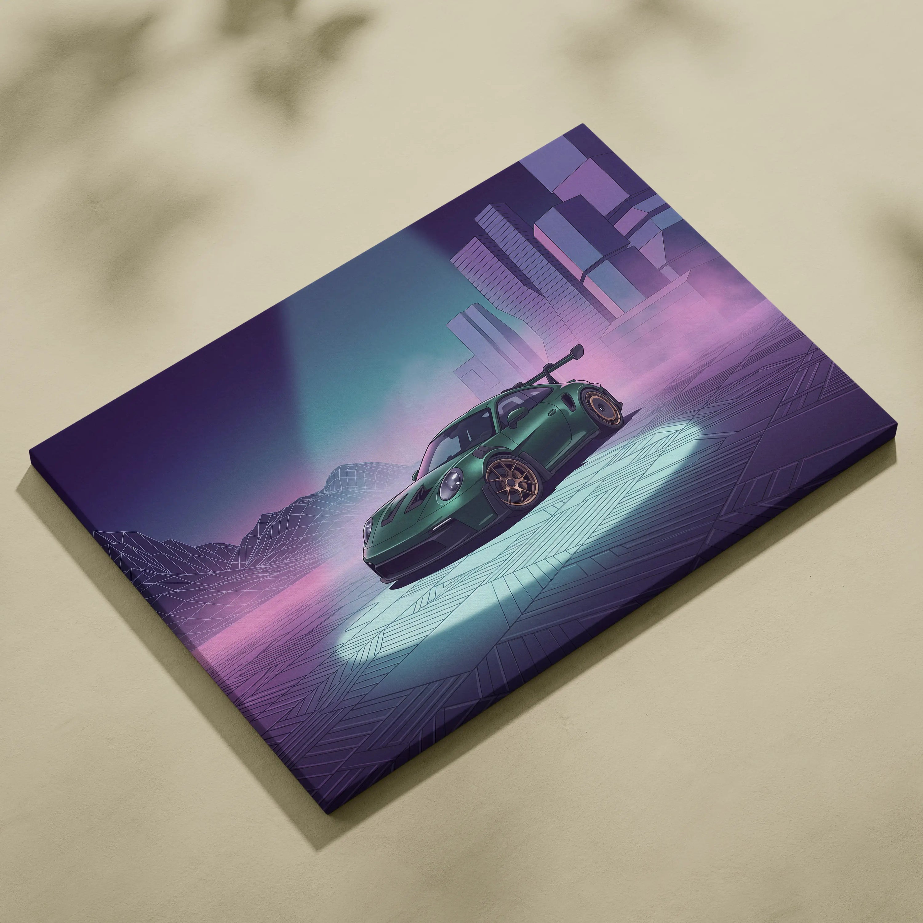 Porsche 911 GT3 RS Inspired Green Purple Canvas Wall Art Vaporwave City Car Artwork, Neon Cyberpunk Mood Garage Decor