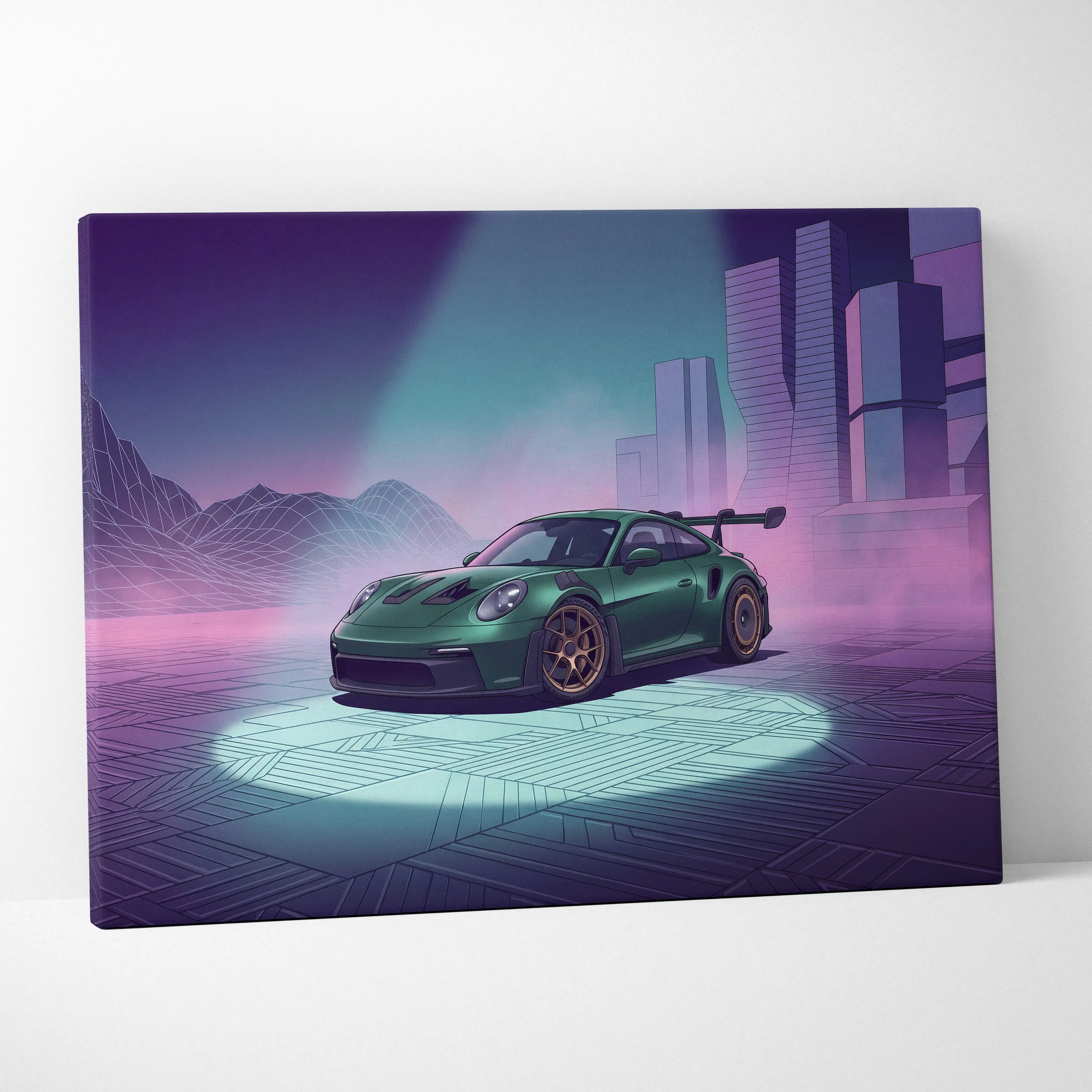 Porsche 911 GT3 RS Inspired Green Purple Canvas Wall Art Vaporwave City Car Artwork, Neon Cyberpunk Mood Garage Decor