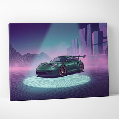 Porsche 911 GT3 RS Inspired Green Purple Canvas Wall Art Vaporwave City Car Artwork, Neon Cyberpunk Mood Garage Decor