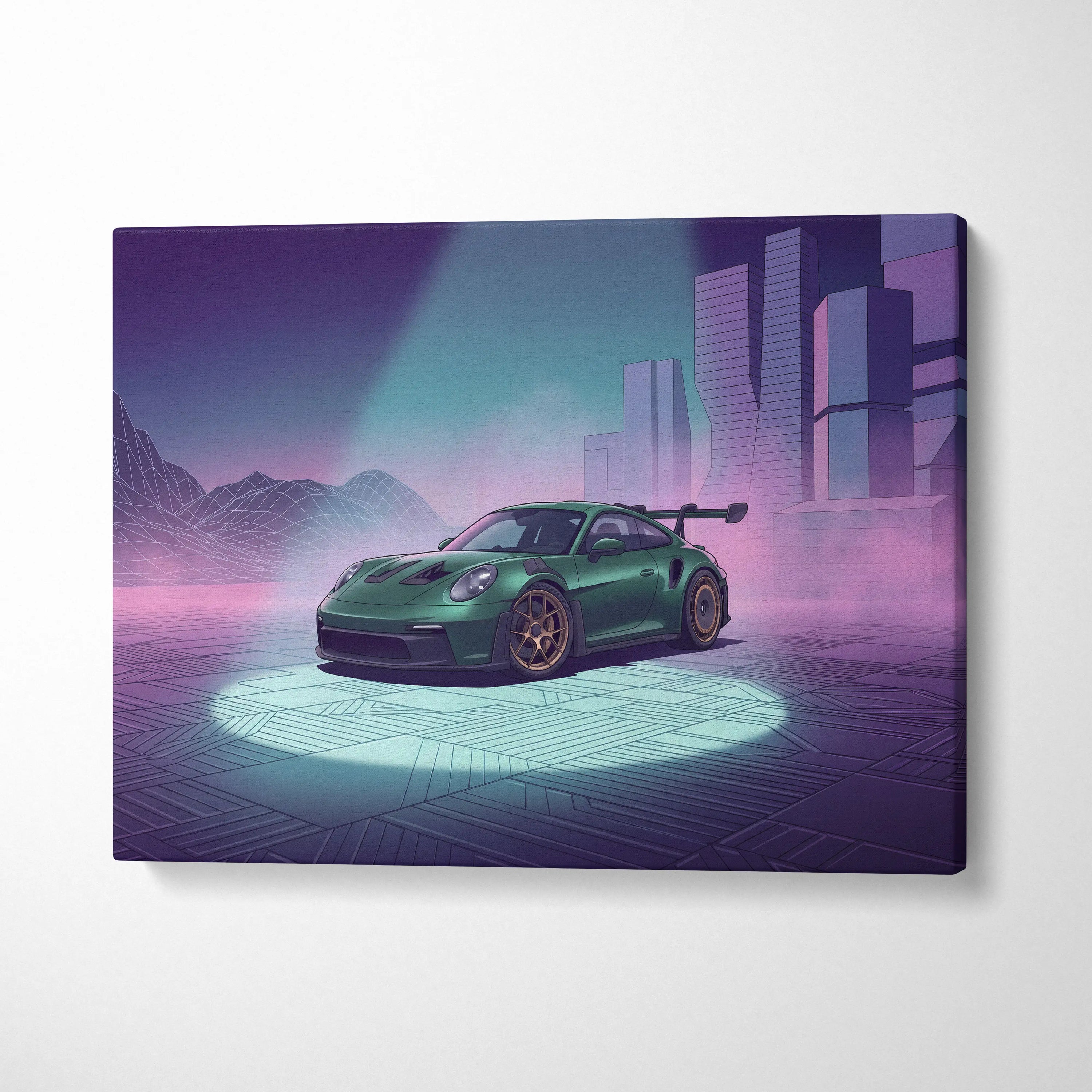 Porsche 911 GT3 RS Inspired Green Purple Canvas Wall Art Vaporwave City Car Artwork, Neon Cyberpunk Mood Garage Decor