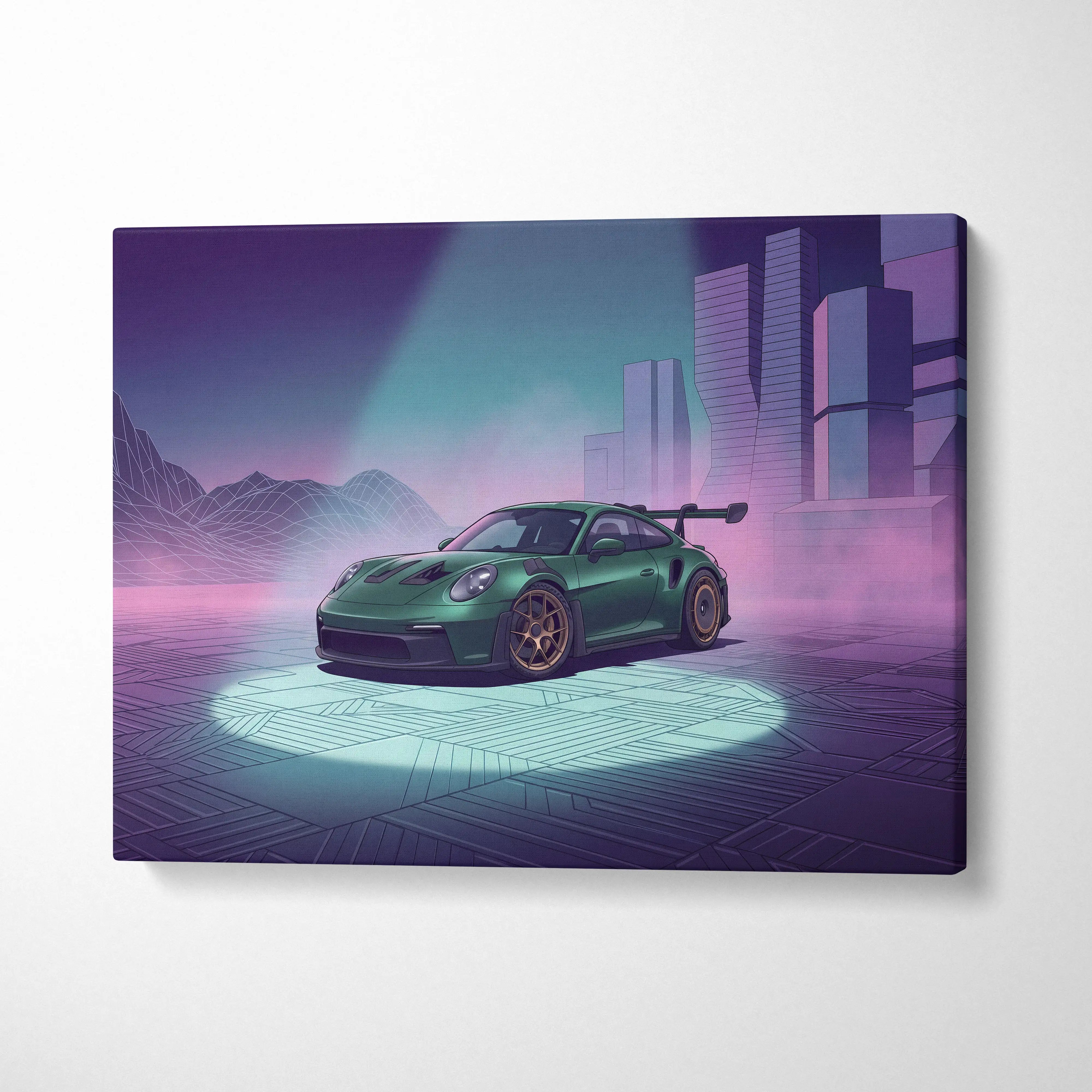Porsche 911 GT3 RS Inspired Green Purple Canvas Wall Art Vaporwave City Car Artwork, Neon Cyberpunk Mood Garage Decor