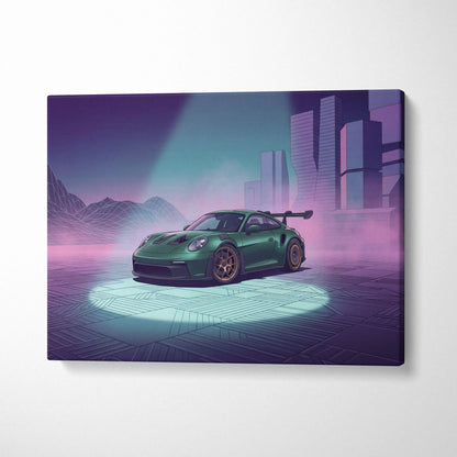 Porsche 911 GT3 RS Inspired Green Purple Canvas Wall Art Vaporwave City Car Artwork, Neon Cyberpunk Mood Garage Decor