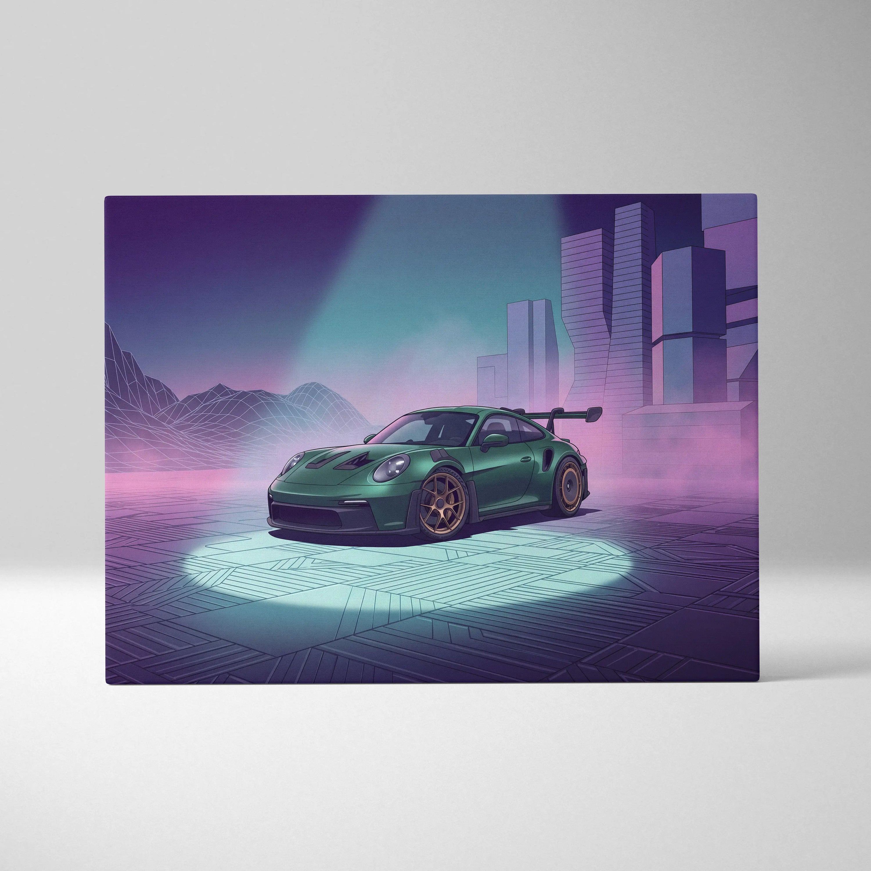 Porsche 911 GT3 RS Inspired Green Purple Canvas Wall Art Vaporwave City Car Artwork, Neon Cyberpunk Mood Garage Decor