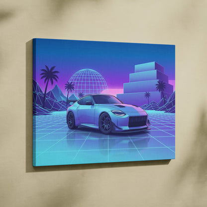 Nissan Z Inspired White Blue Canvas Wall Art Vaporwave Neon Grid JDM Car Artwork, Dreamy Palm Sunset Sports Car Garage Decor