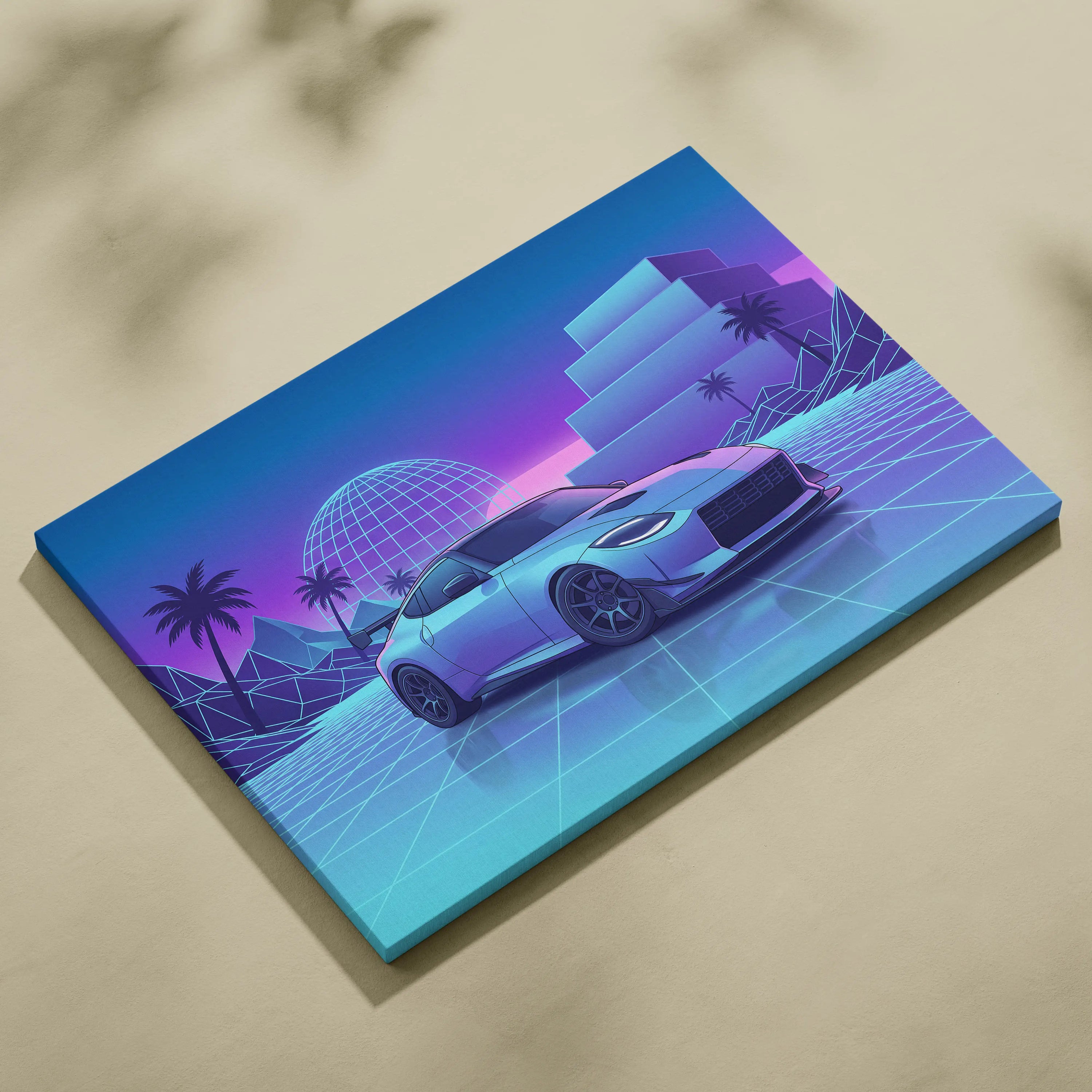 Nissan Z Inspired White Blue Canvas Wall Art Vaporwave Neon Grid JDM Car Artwork, Dreamy Palm Sunset Sports Car Garage Decor