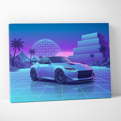 Nissan Z Inspired White Blue Canvas Wall Art Vaporwave Neon Grid JDM Car Artwork, Dreamy Palm Sunset Sports Car Garage Decor