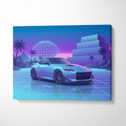 Nissan Z Inspired White Blue Canvas Wall Art Vaporwave Neon Grid JDM Car Artwork, Dreamy Palm Sunset Sports Car Garage Decor