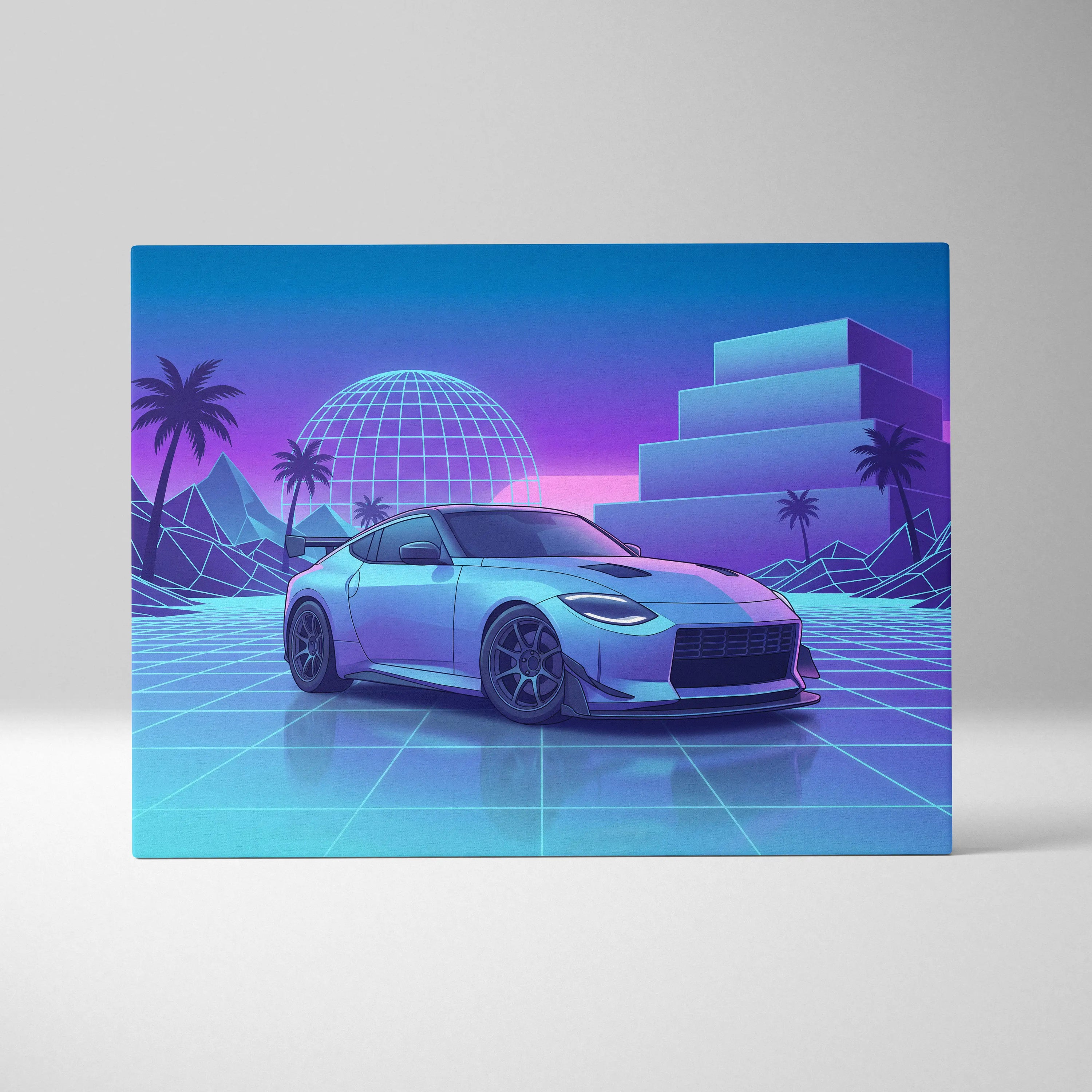Nissan Z Inspired White Blue Canvas Wall Art Vaporwave Neon Grid JDM Car Artwork, Dreamy Palm Sunset Sports Car Garage Decor