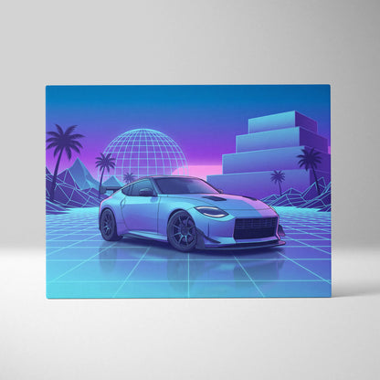 Nissan Z Inspired White Blue Canvas Wall Art Vaporwave Neon Grid JDM Car Artwork, Dreamy Palm Sunset Sports Car Garage Decor